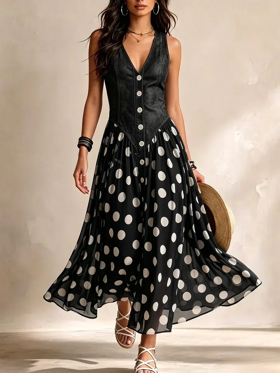 Elettra | Vestito Ampio Denim Pois