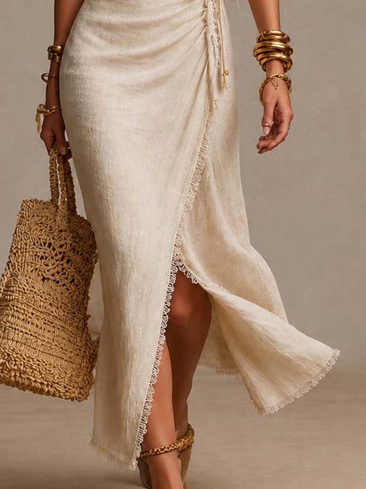 Cleo | Abito Midi in Lino Naturale con Scollo Incrociato e Pizzo