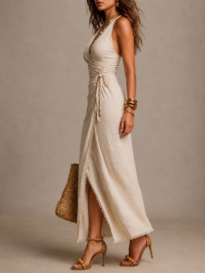 Cleo | Abito Midi in Lino Naturale con Scollo Incrociato e Pizzo