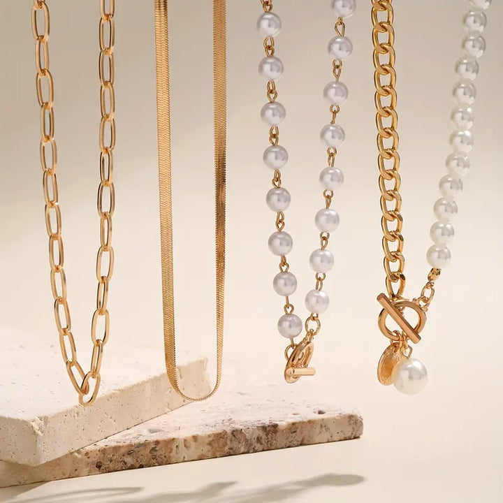 Set Collane 4 Pezzi - Snake, Perle, Catena | Oro