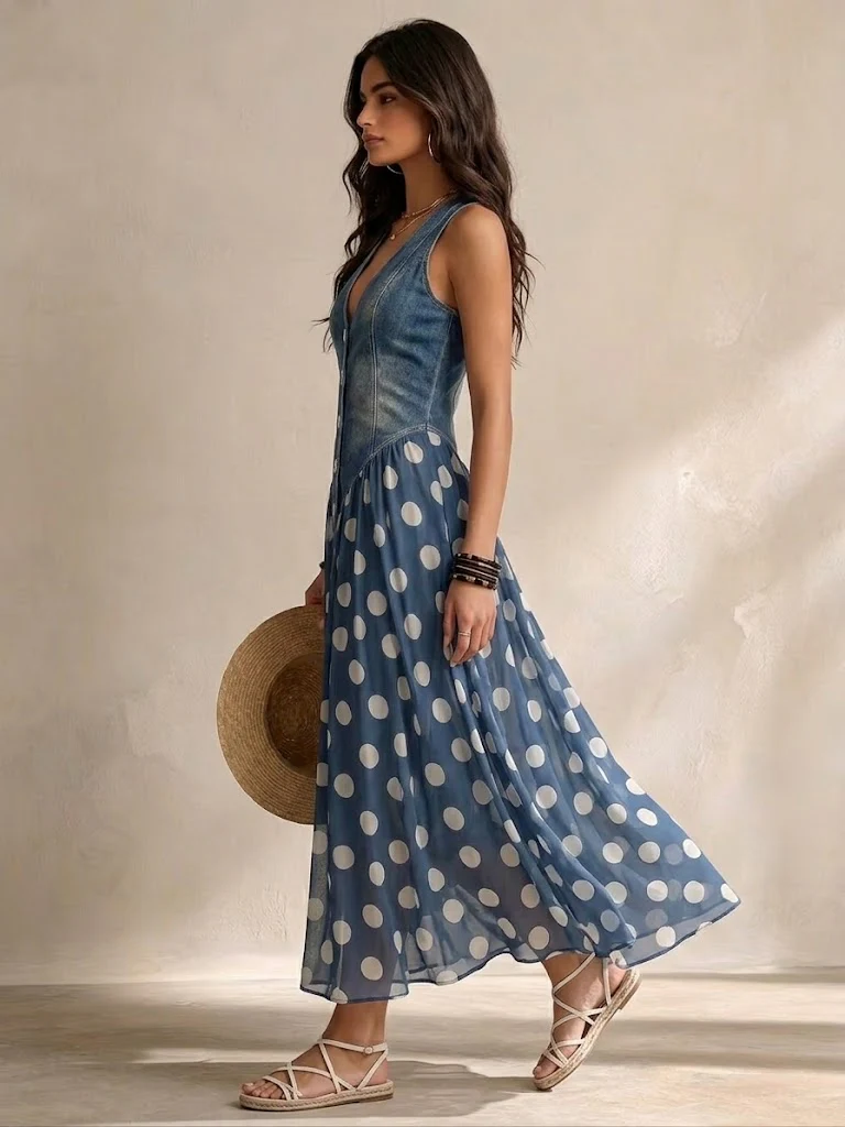 Elettra | Vestito Ampio Denim Pois