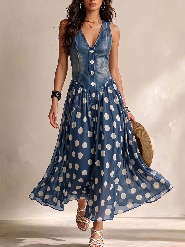 Elettra | Vestito Ampio Denim Pois
