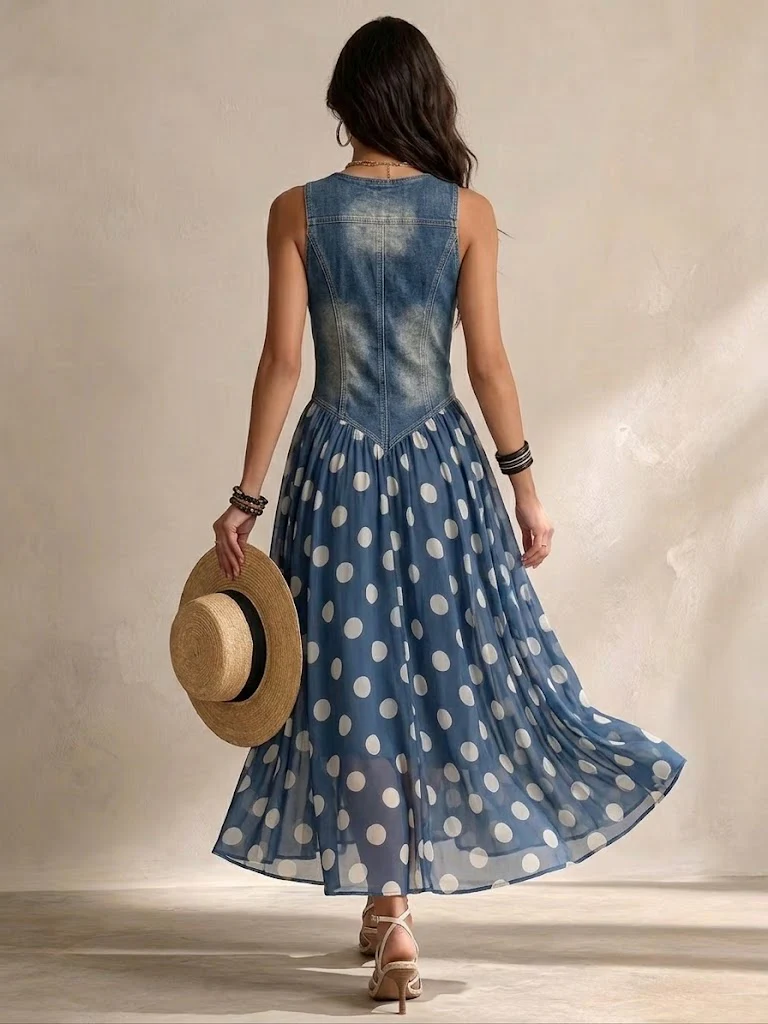 Elettra | Vestito Ampio Denim Pois