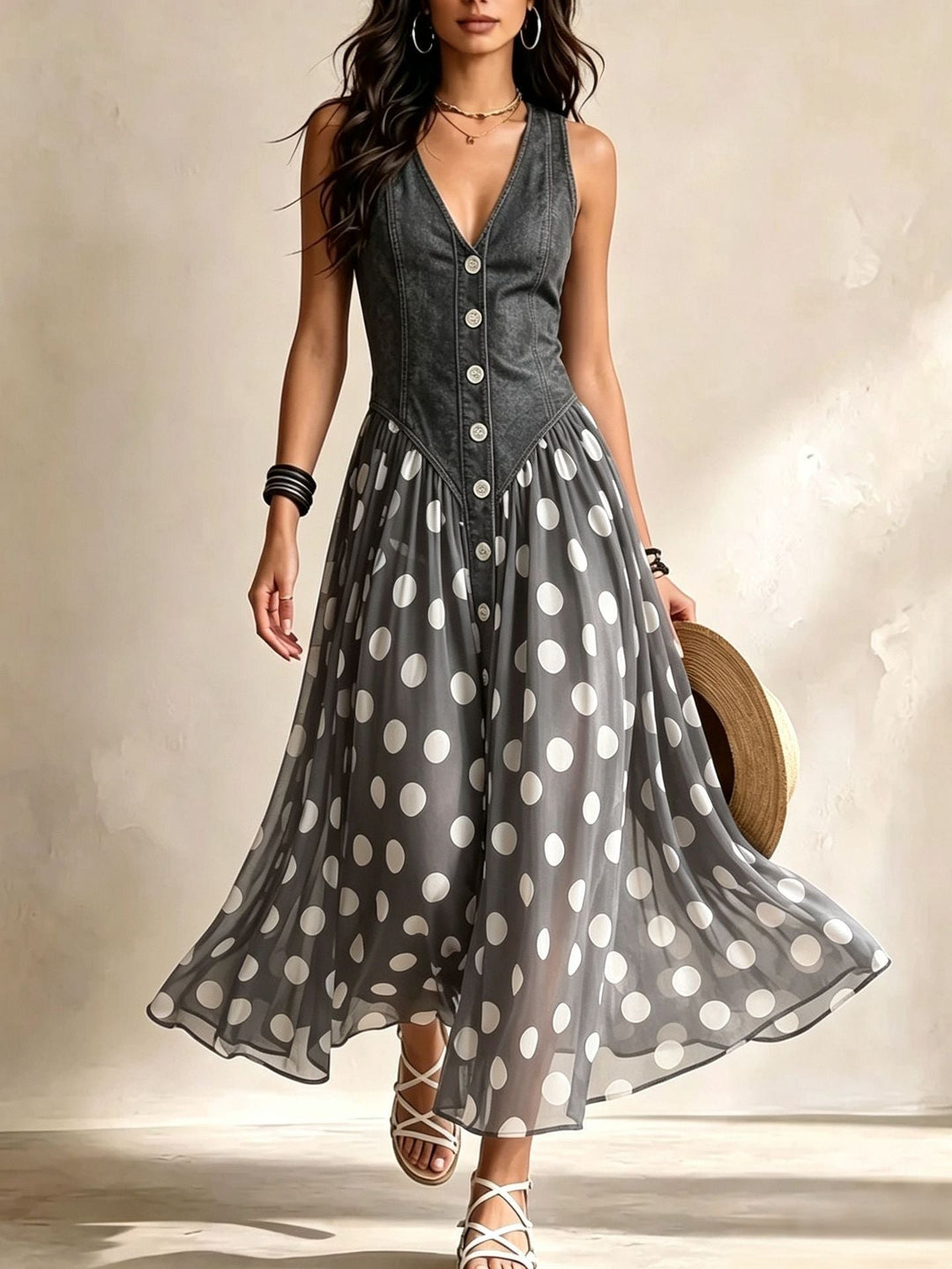 Elettra | Vestito Ampio Denim Pois